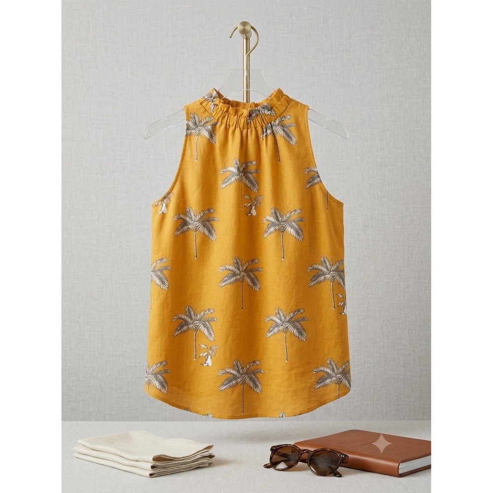 Ann Taylor Mustard Yellow Palm Tree Print Ruffle Neck Sleeveless Blouse Medium